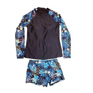Hawaiian Print 2 Piece Swimsuit Long Sleeve Top With Boy Shorts Size XS